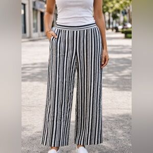 Woman's Striped Navy, White and Gold Wide Leg Pull-on Pants